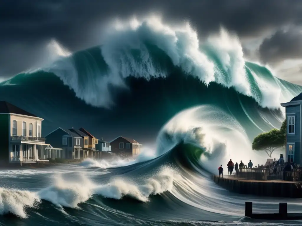 A chilling cinematic shot of a massive tidal wave bear down on a small coastal town