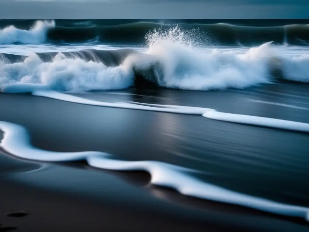 A cinematic detail of a foreboding tide engulfing the desolate shore, with giant waves sent flying high into the sky