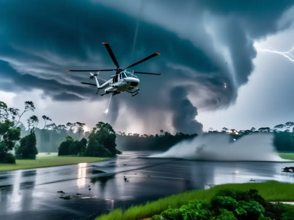 A white helicopter hovers above the devastation of a hurricane, with swaying trees and rain pouring down