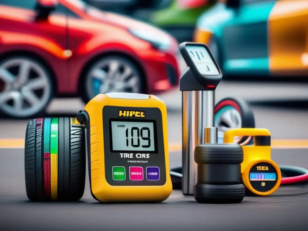 A kaleidoscope of tire inflators burst from a backdrop of colorful cars, adorned with sleek analog, digital, and smartphone gauges