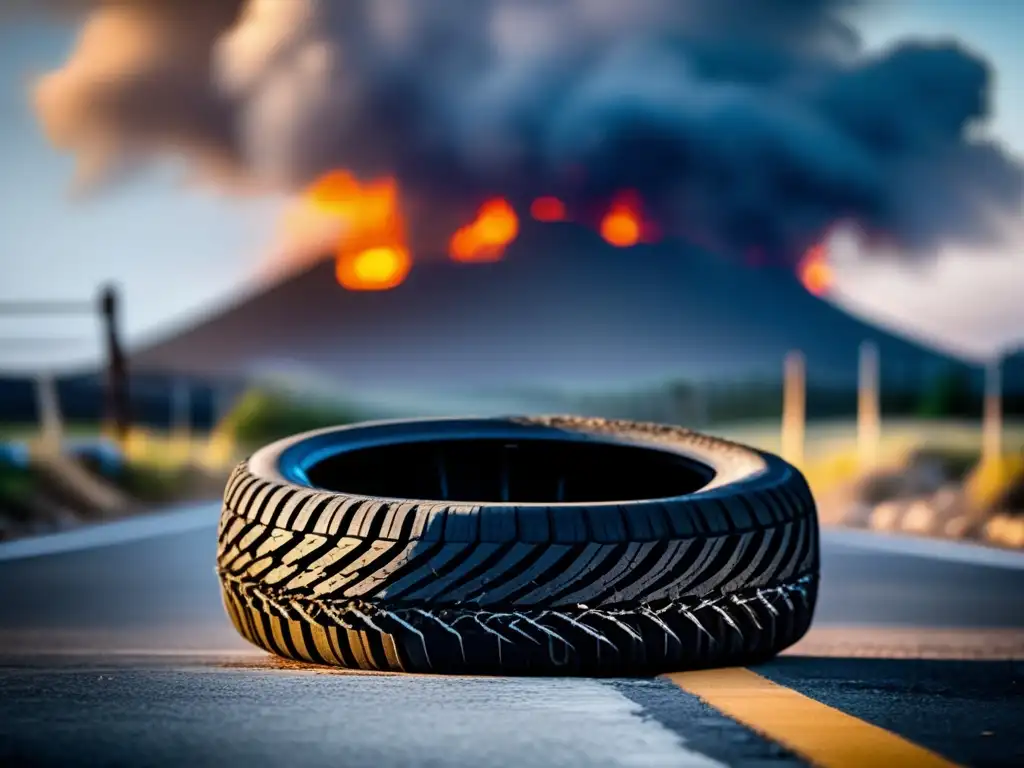 A visually stunning and cinematic image of a set of tires damaged from debris and in pieces on the road side, surrounded by barbed wire and fence