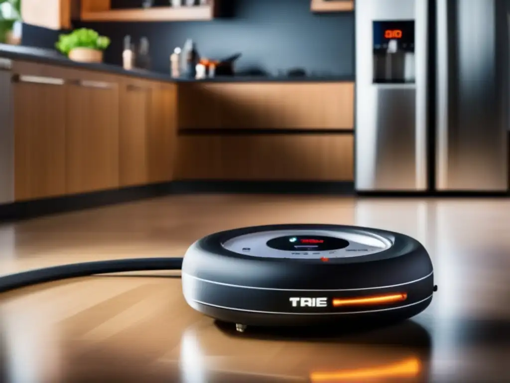 A sleek, modern tire inflator with a digital gauge sits confidently in a well-lit room with a chic kitchen and dining area in the background