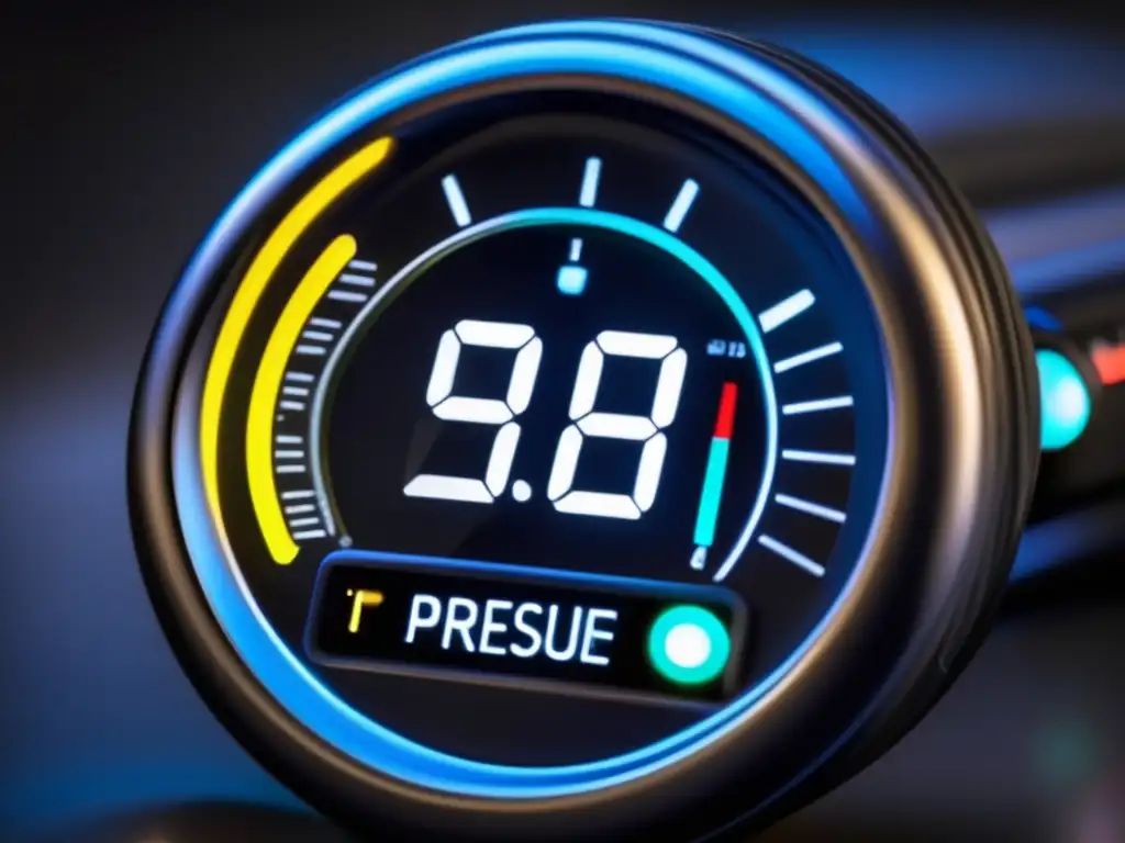 A stunning closeup image of a digital tire pressure gauge with clear numbers, showcasing its accuracy and precision