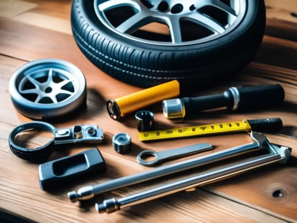 Dash - Tire repair kit laid out with jack, lug wrench, and tire pressure guage, alongside spare and replacement tires