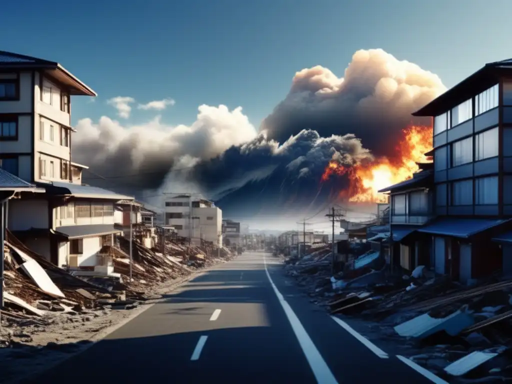 Amidst the carnage of the 2011 Tohoku earthquake and tsunami in Japan, vast waves break over the landscape, tearing apart buildings and infrastructure, leaving a trail of devastation in their wake