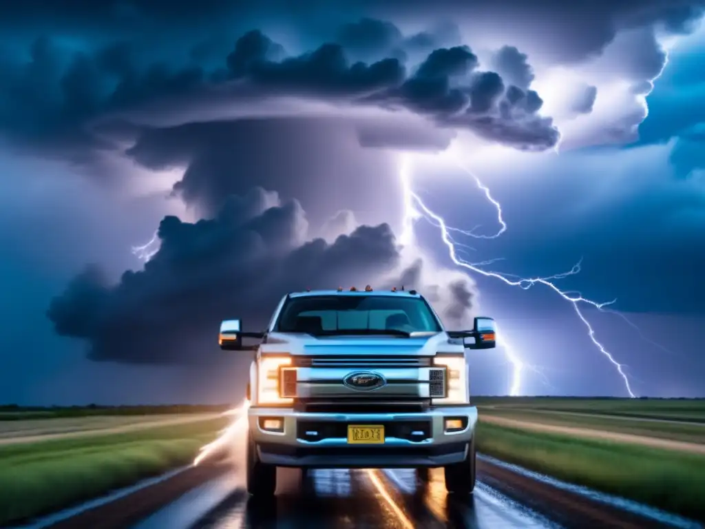 Amidst the chaos of a violent tornado, a fearless storm chaser stands atop their truck, unyielding in their pursuit of knowledge and understanding