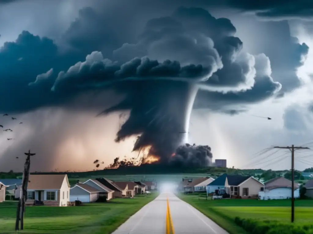 A cinematic shot of a raging tornado in the distance, towering over a cityscape