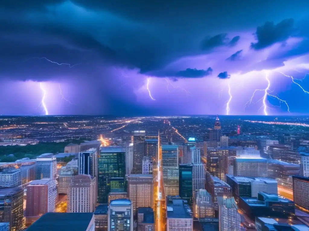 An intense and cinematic image of a city skyline, with a thunderous storm brewing in the horizon