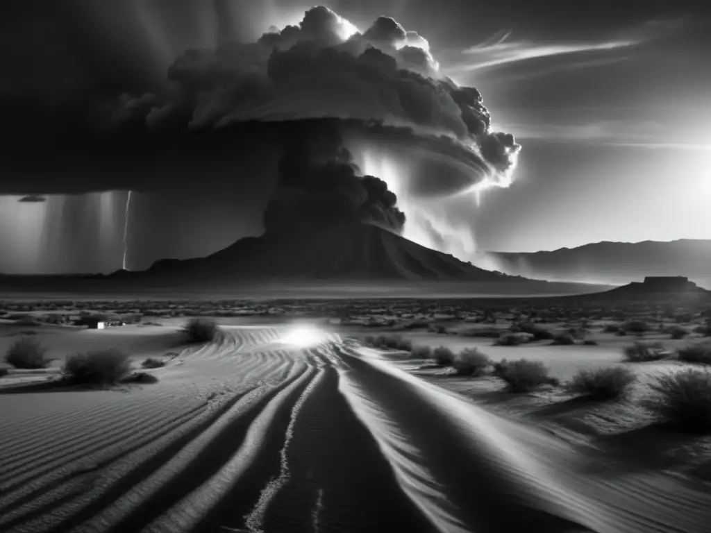 Amidst the chaos of a tumultuous desert landscape, the sky is filled with towering tornadoes tearing through buildings