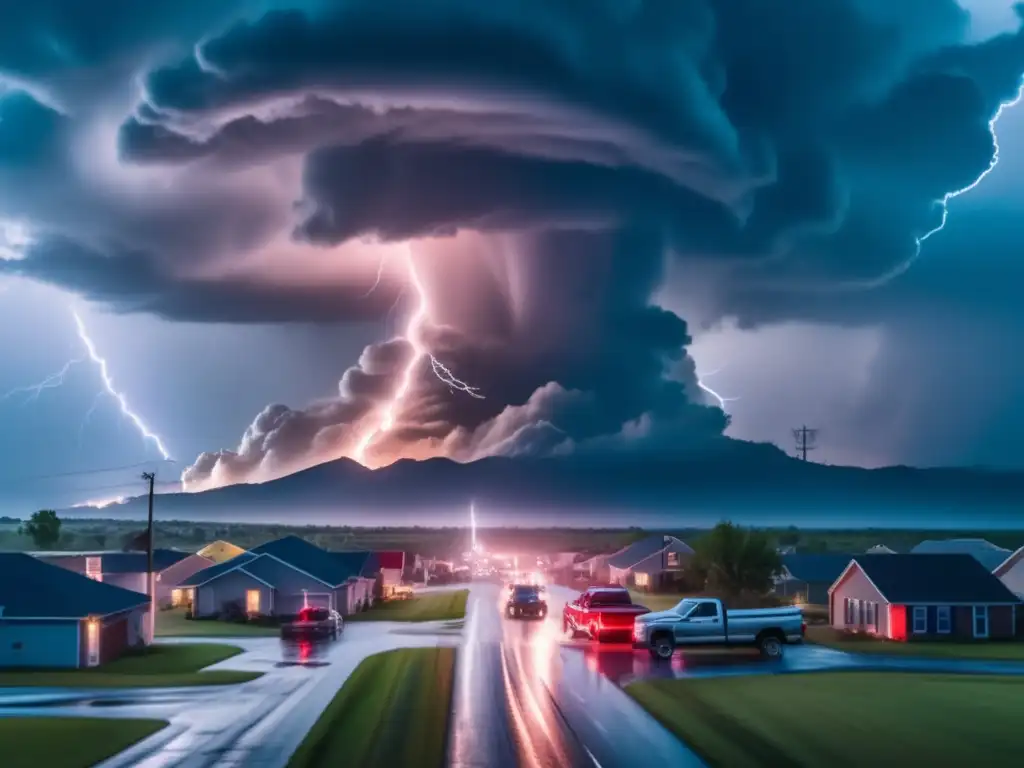 A devastating tornado funnel cloud barreling through a town, causing chaos with chasers nearby, all while lightning electrifies the background