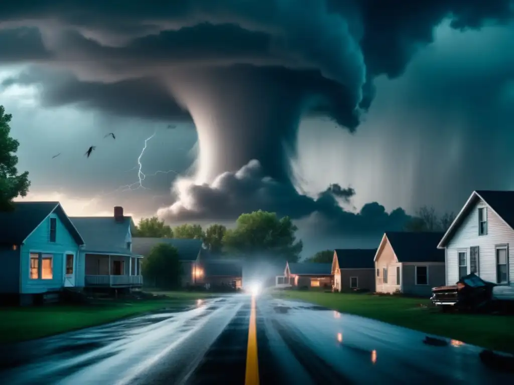 A cinematic image of a tornado destroying a small town, with ominous clouds and debris flying through the air