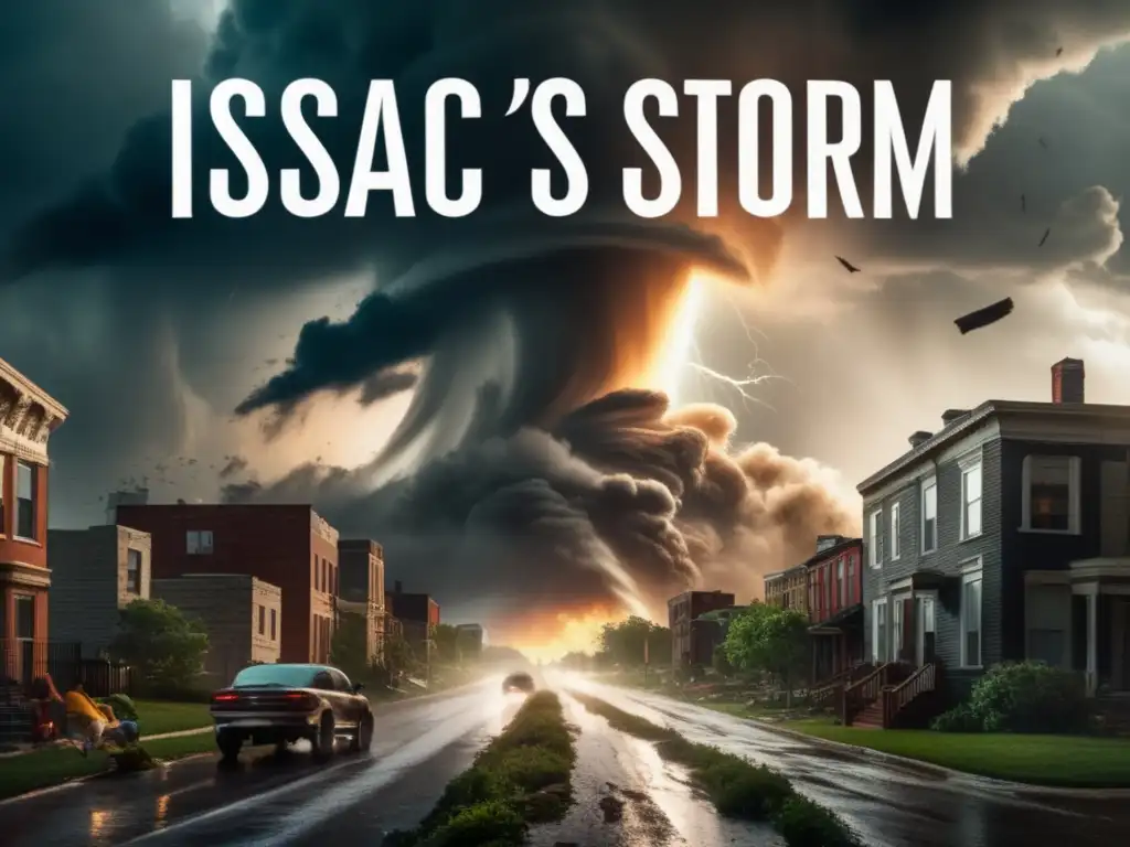 A gripping depiction of Isaac's Storm tearing through a city, with winds whipping debris in an orchestrated chaos and fearful people running for cover