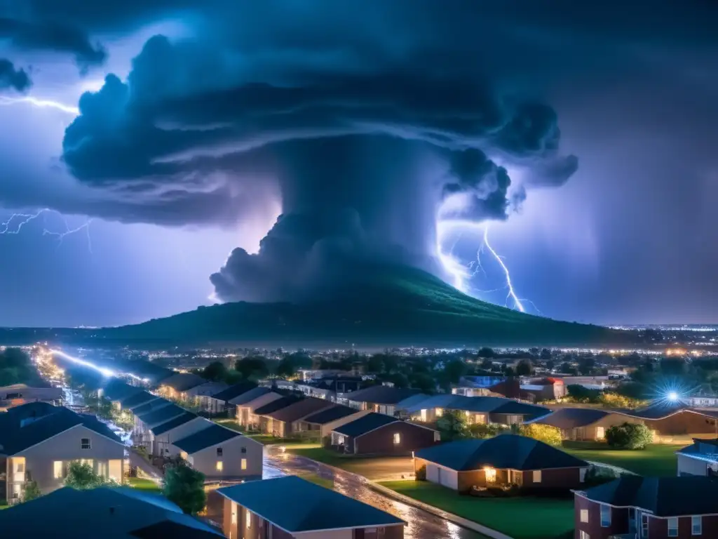 A terrifying aerial view of a towering tornado funnel cloud descending onto the city, spreading chaos and destruction in its path