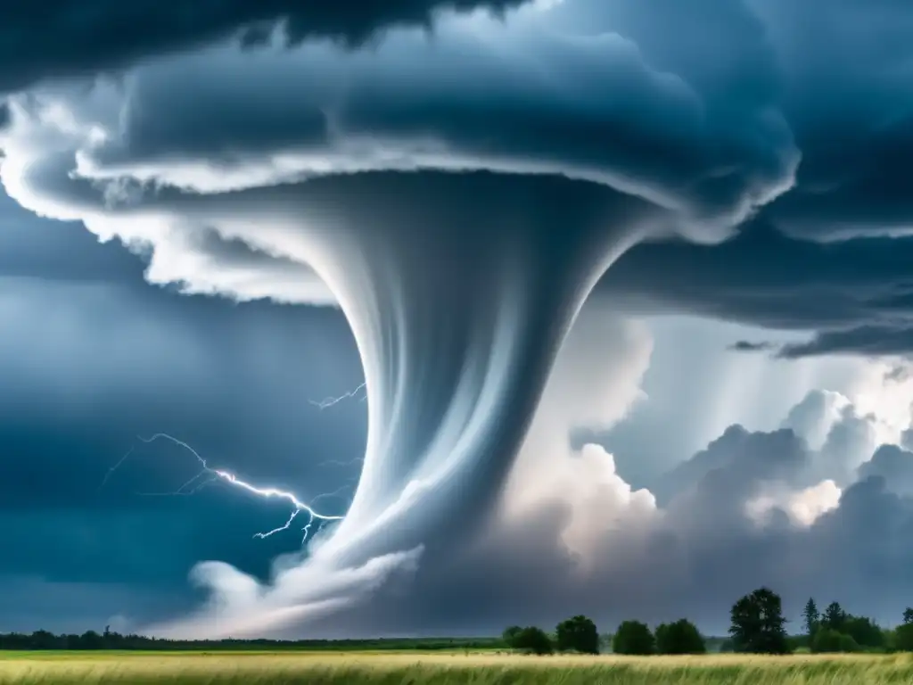 A dramatic and awe-inspiring closerup view of a massive tornado funnel cloud, created in stunning detail with a cinematic style