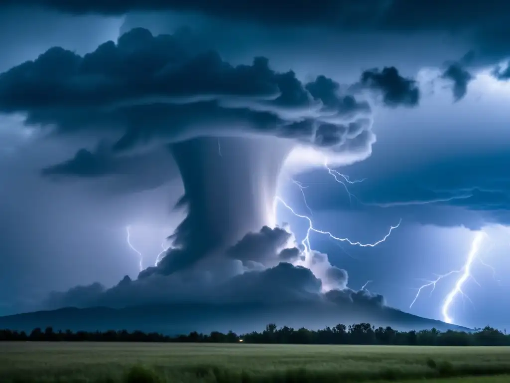 A captivating close-up of a tornado funnel cloud descending from the ominous sky, with lightning bolts illuminating the atmosphere