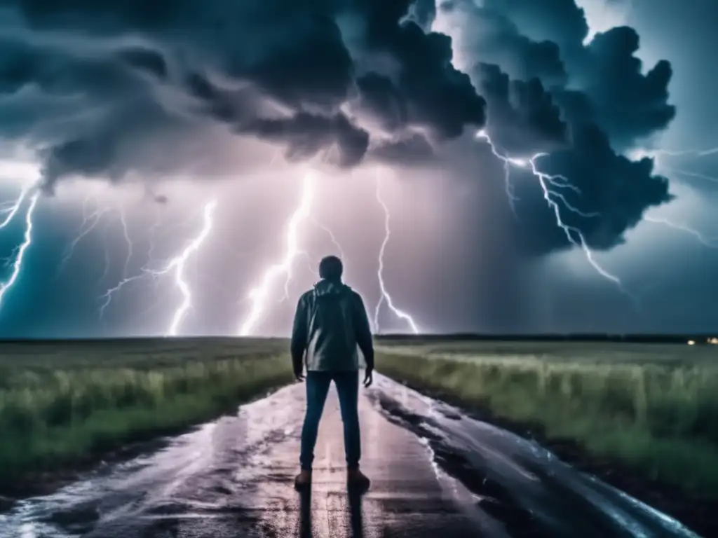 Intense storm chaos: woman struggles with broken windshield glass; lightning illuminates the sky