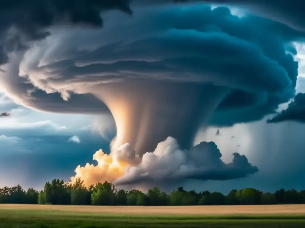 Amidst a clear blue sky with swaying clouds, the calm landscape is suddenly engulfed by a raging tornado