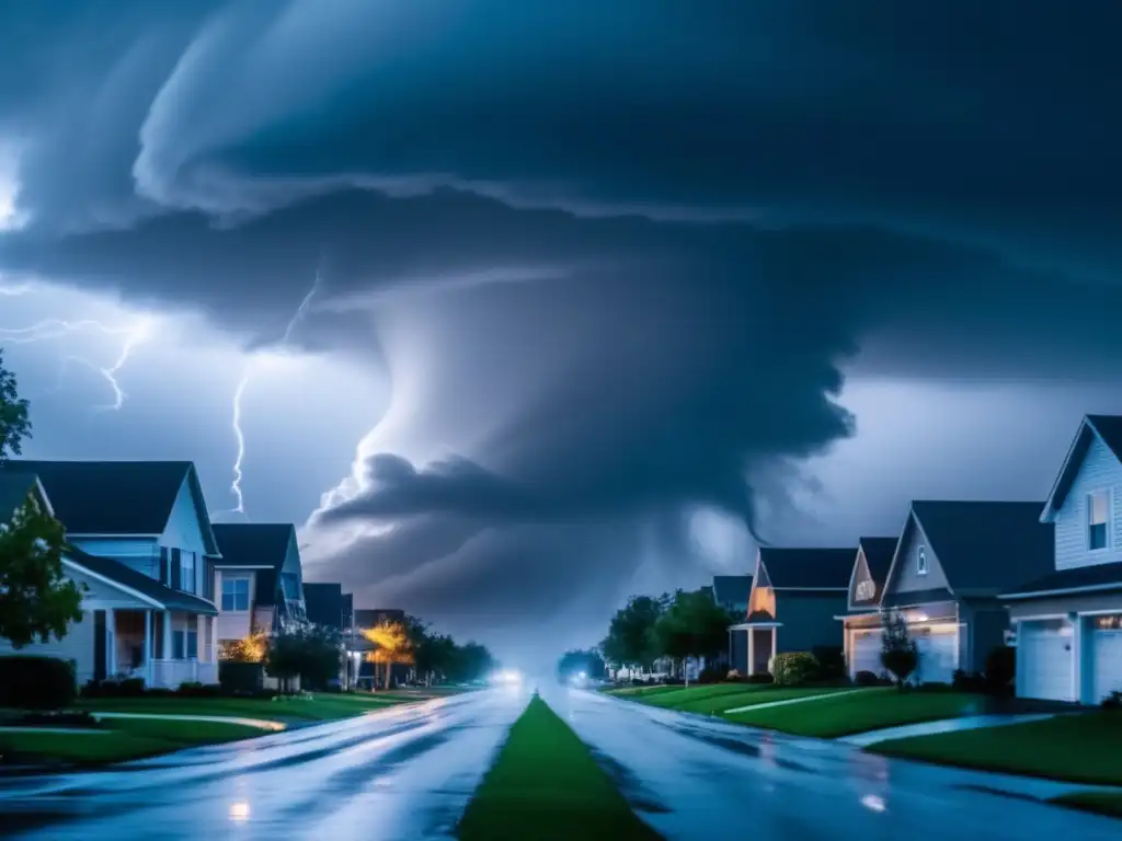 Amidst fearful onlookers, a tornado stands still on a suburban street, reminding us of nature's ferocious power