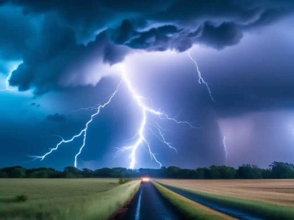 A terrifying tornado spins in the sky, its destructive power symbolized by the lightning bolt and thunderous sound in the background