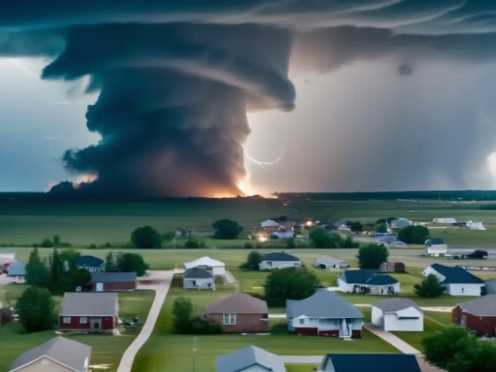 A terrifying tornado, its cyclone-like eye dominating the center of the image, appears amidst the wreckage of the storm-torn town