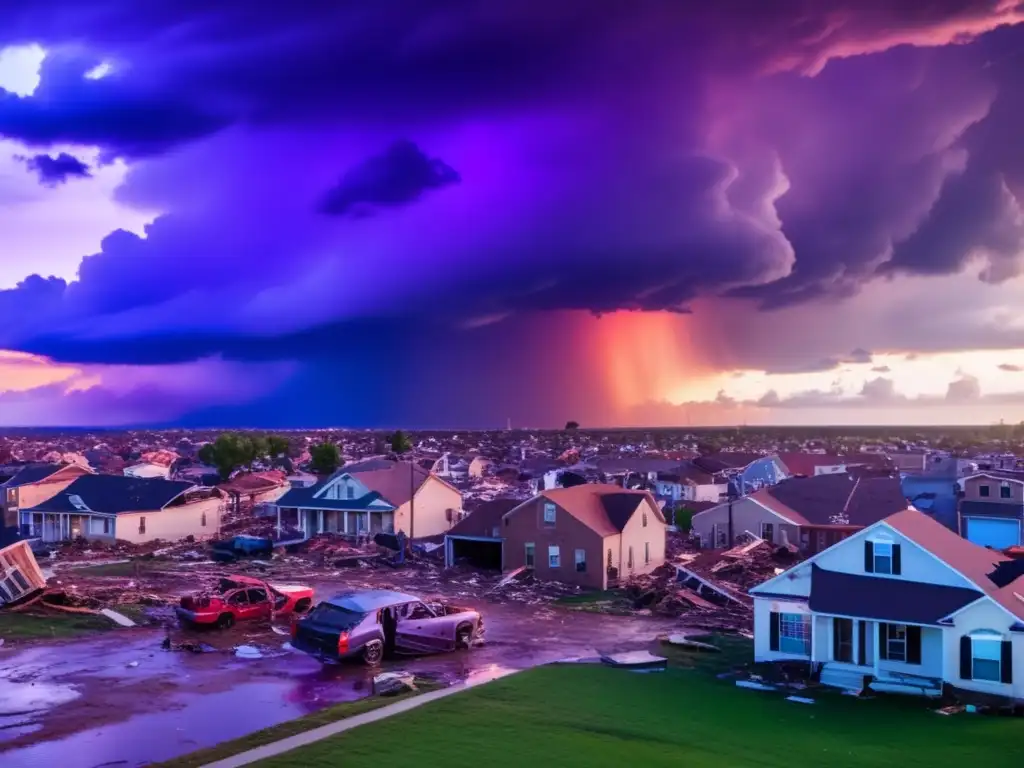 A cinematic 8k resolution image of a devastated city after a tornado, with debris scattered across the ground and buildings tilting precariously