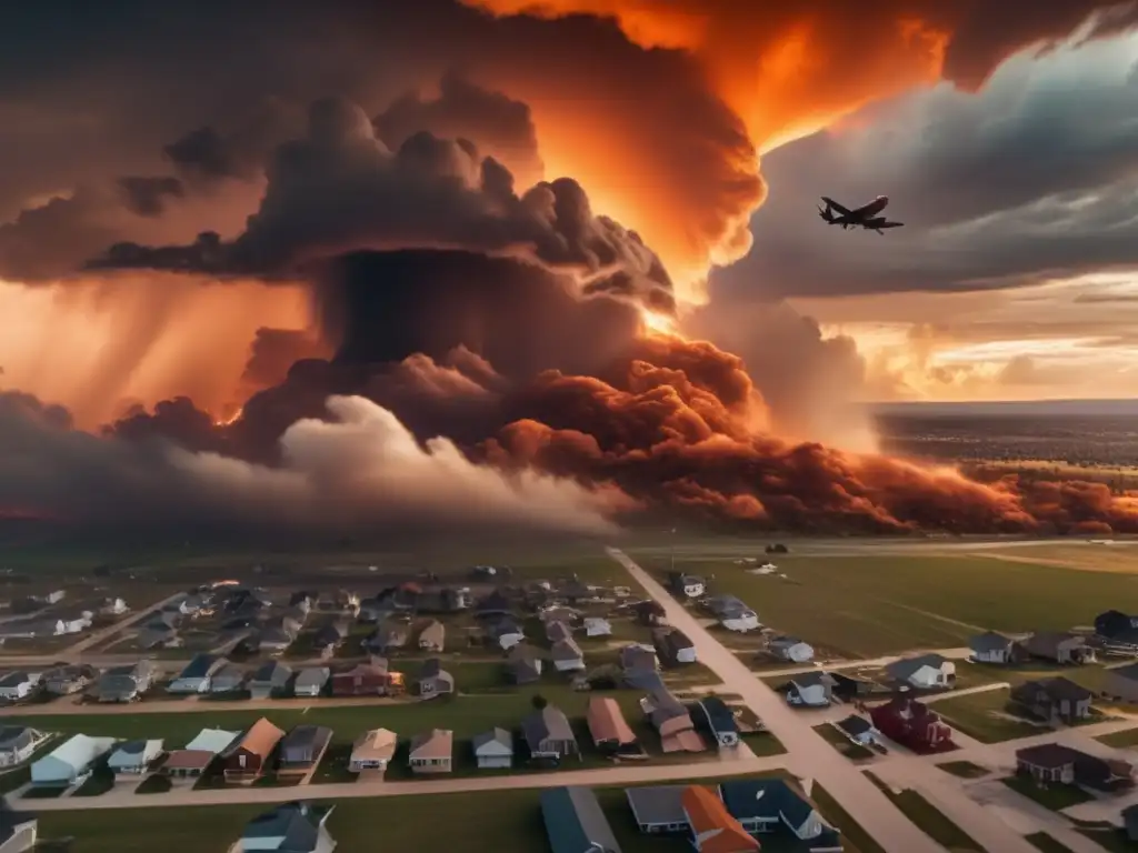 A small town in a tornado valley, captured in an aerial view by a drone