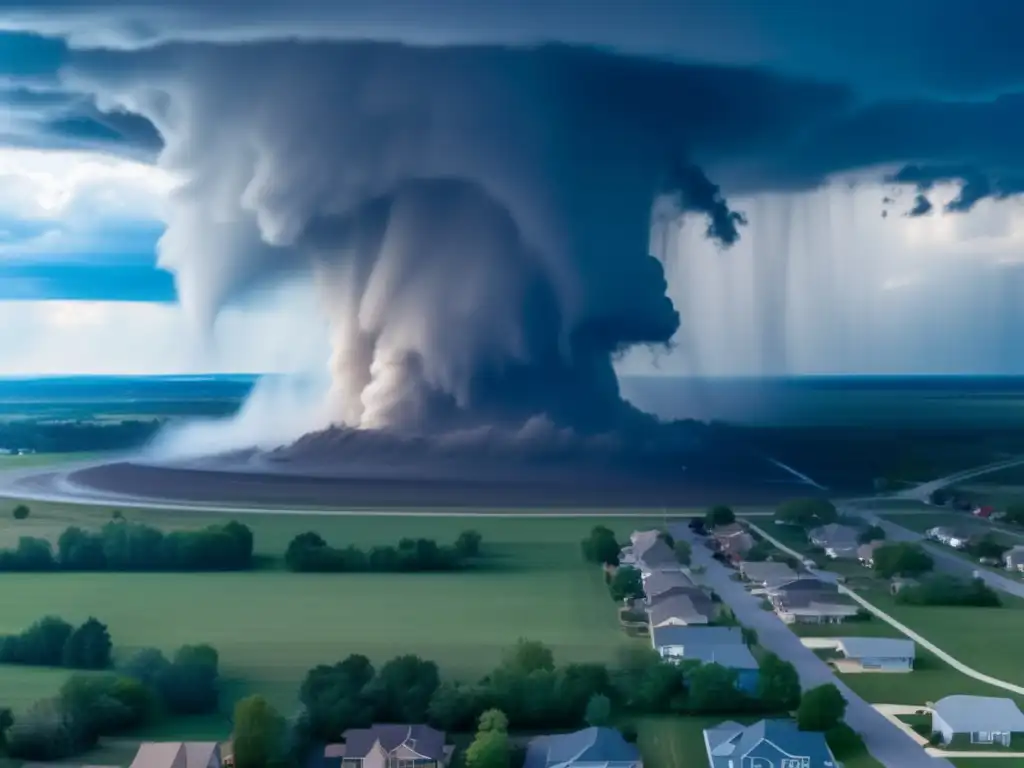 A terrifying tornado descends from the sky on a sunny day, appearing powerful and destructive