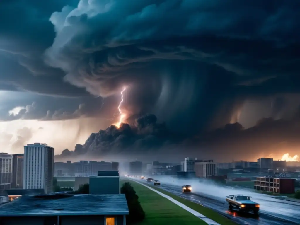 An image of the infamous final scene in Category 7, where a dark, stormy sky is filled with explosions and screams as people rush to seek shelter during a tornado