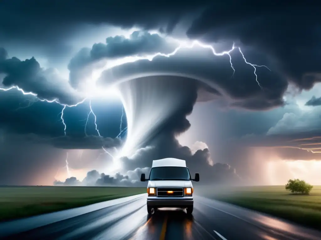 A thrilling depiction of a tornado funnel cloud descending with lightning strikes in the background