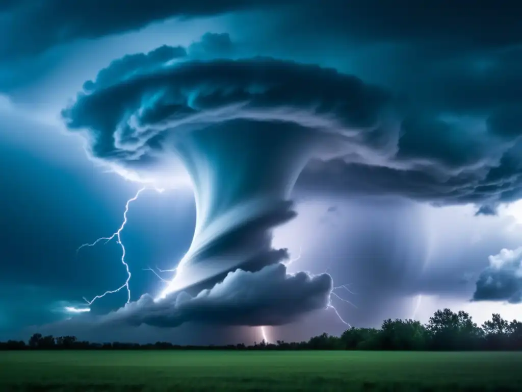 Tornado funnel cloud descends from the sky, stormy and ominous atmosphere lingers in the background, lightning and thunder on the horizon