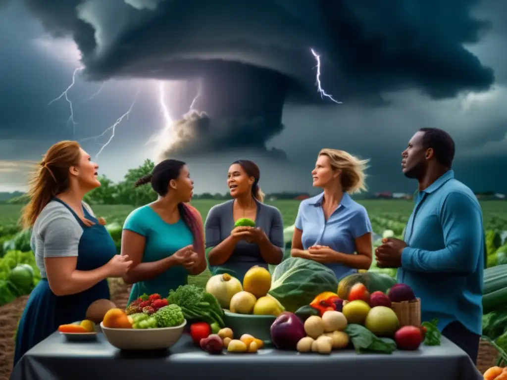 A group of people gathered around a table filled with food, anxiously look up at the stormy sky as a tornado whirls above them