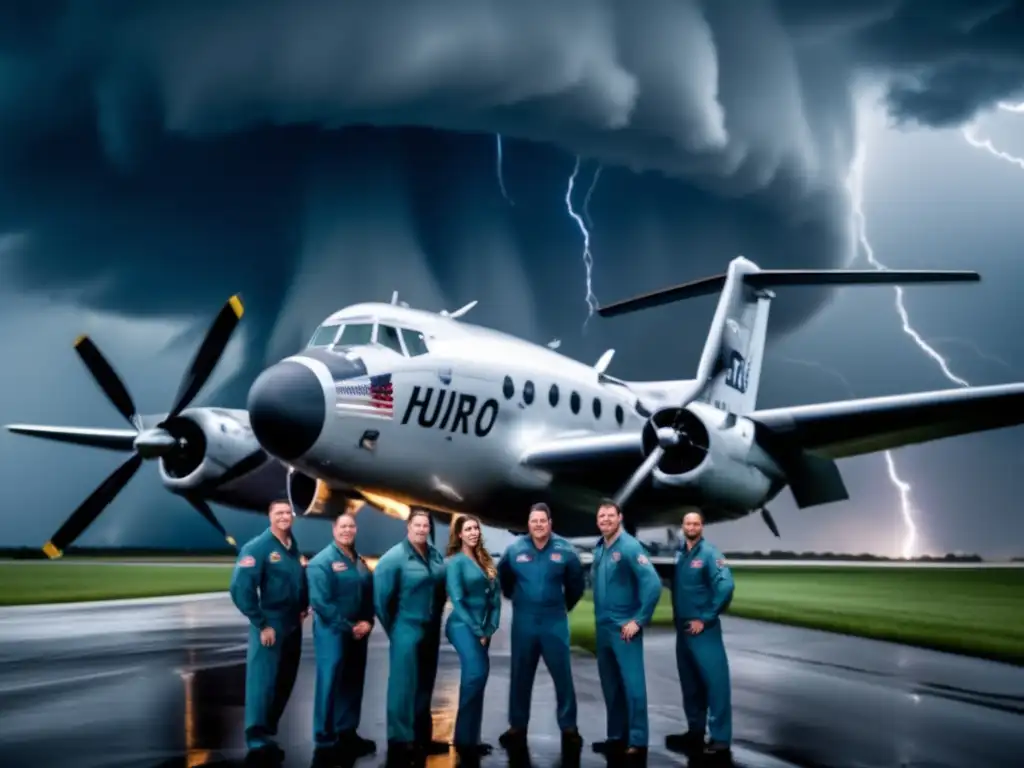 Intrepid hurricane hunters stand resolute in front of a towering tornado, the sky ablaze with lightning and ominous clouds looming in the background -