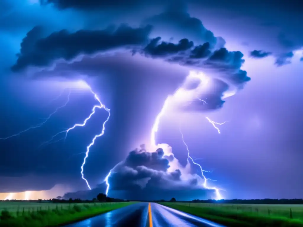 A breathtaking image captures the intensity of a hurricane, with a black sky and lightning strikes illuminating a tornado-funnel cloud funnel