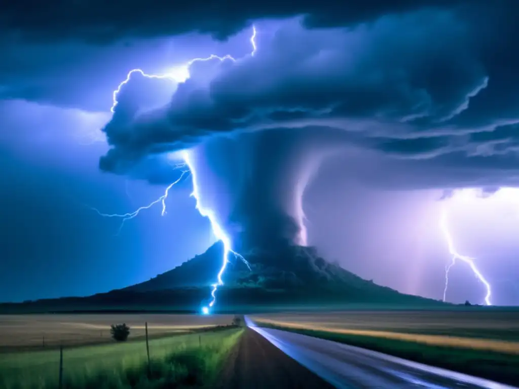 A cinematic image of a massive tornado spinning wildly in the sky, with a powerful lightning bolt illuminating the clouds and land below