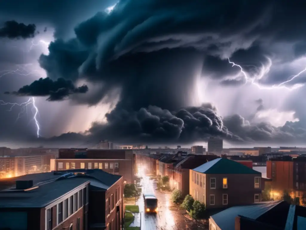 A tornado of black clouds converges over a cityscape, wreaking havoc as lightning illuminates the sky