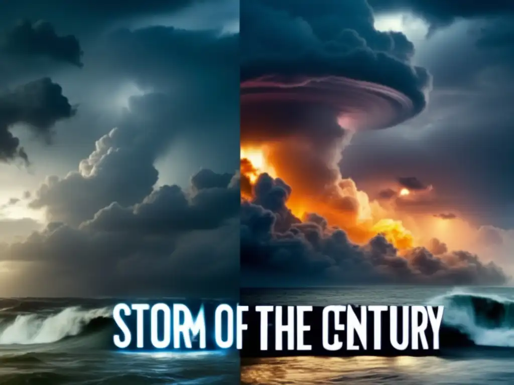 Storm of the Century' meets perfection in this cinematic image alongside iconic hurricane movies, capturing the wrath of nature through dramatic lighting and extreme closeups in a tornado-ravaged cityscape