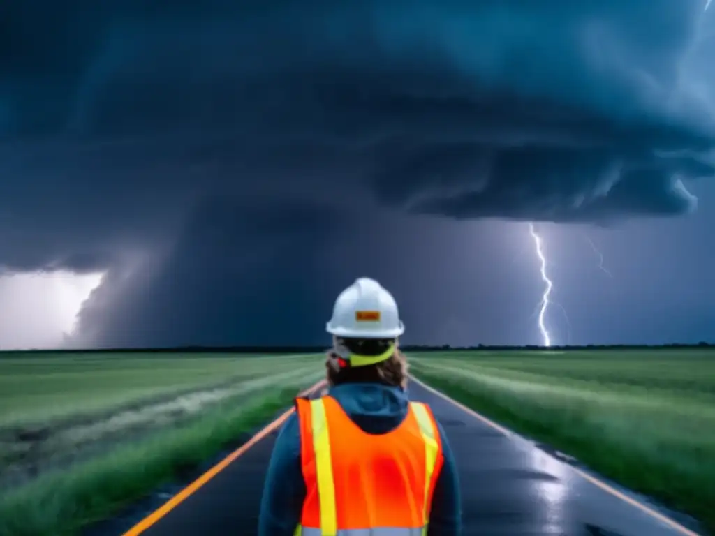 A person bravely standing in a tornado warning area, holding a siren amidst a destructive storm