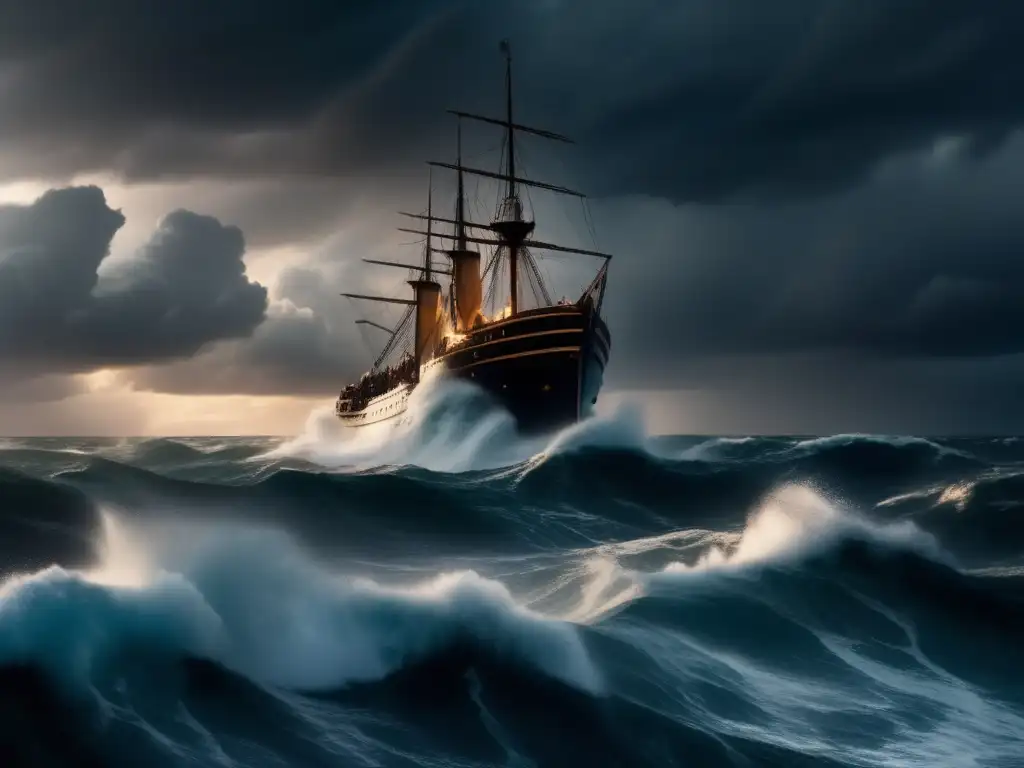 Navigating the treacherous waters, the crew of the ship works tirelessly to keep it afloat during a violent seastorm