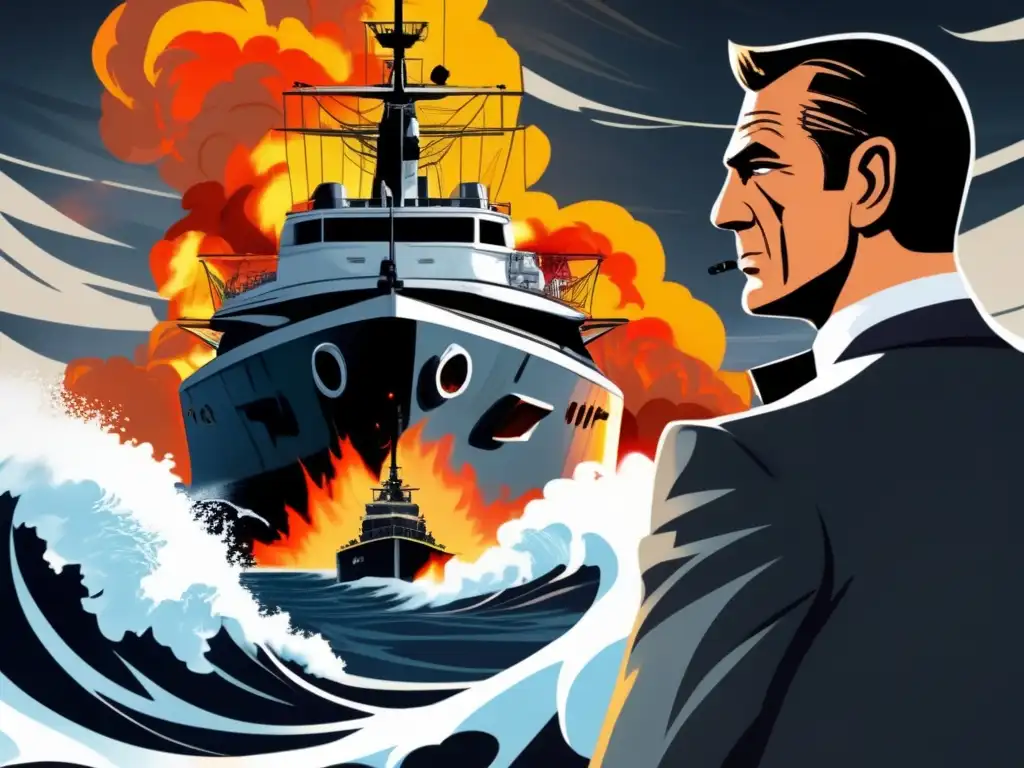 James Bond's determined face is etched as he clings to the ship during the hurricane, with a fiery oil rig burning in the distance