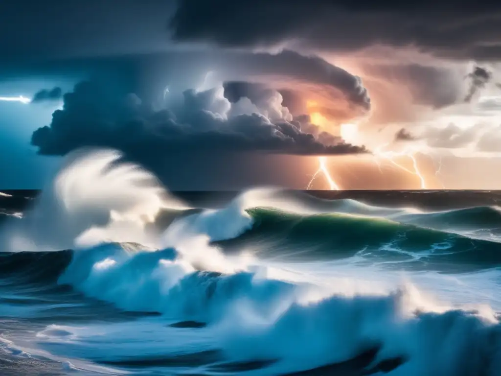 A breathtaking image of a stormy ocean, with a towering hurricane in the distance, illuminated by lightning bolts and crashing waves