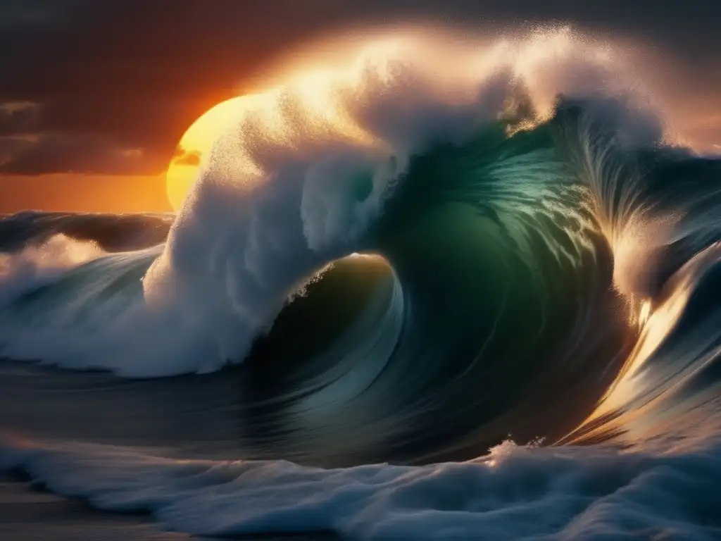 A towering wave stands tall against the sunset, with thunderous white foam cresting on top