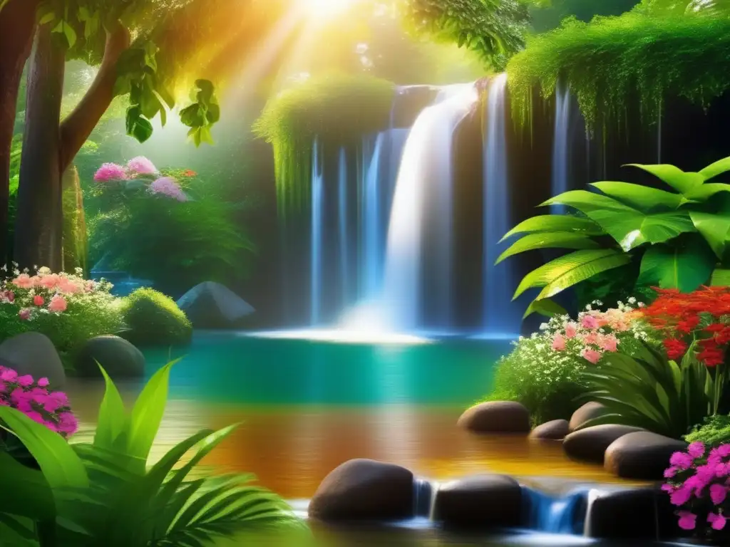 A tranquil waterfall cascades into a clear pool, surrounded by lush greenery and vibrant flowers