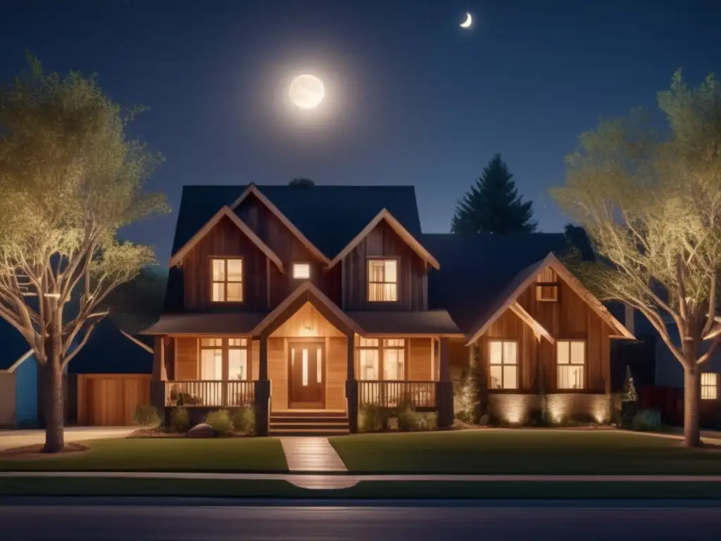 A serene suburban landscape bathed in the soft glow of the moon at dusk, featuring intricate wood grain patterns on plywood boarded-up windows