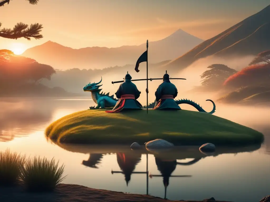 An enchanting ninja gracefully waters dragons atop a hill, basking in the peaceful pond's reflection during a serene sunrise