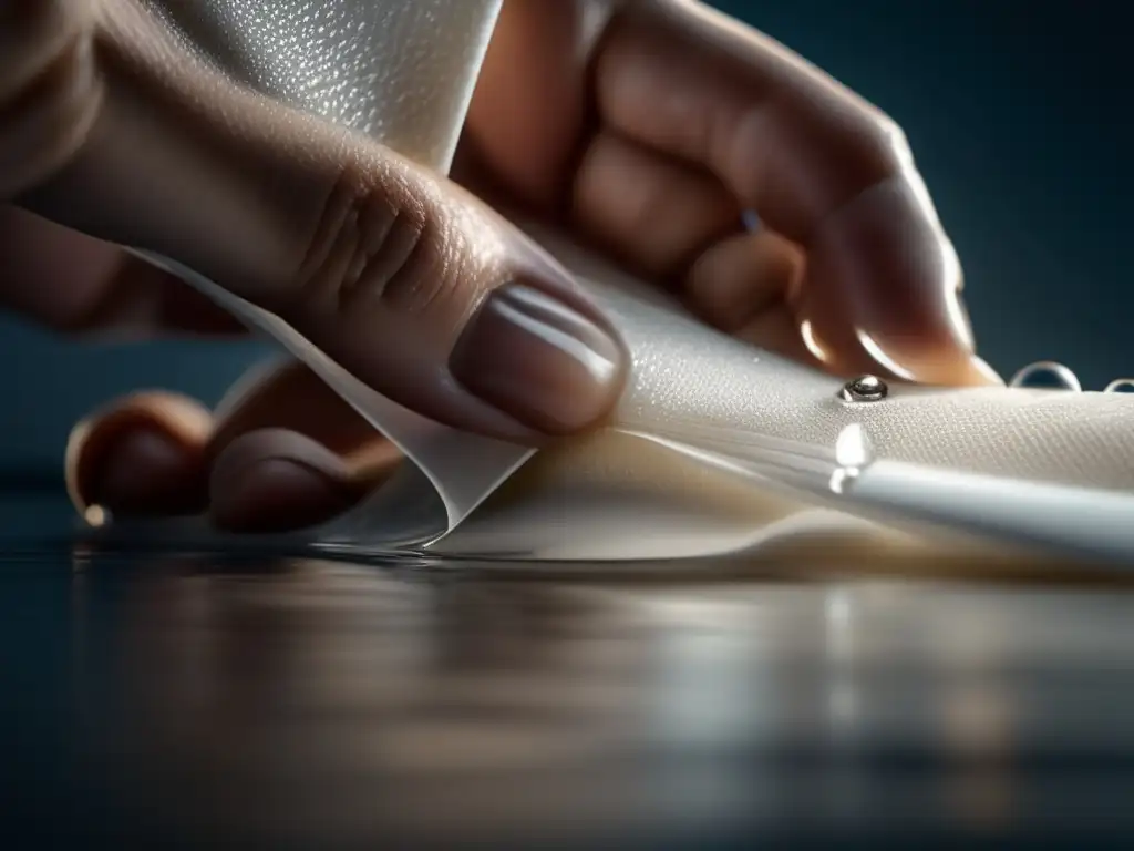 A must-have first aid kit: A clean wound bandaged with a clear, translucent bandage; water droplets sinking into the bandage, closing the wound in a seamless manner