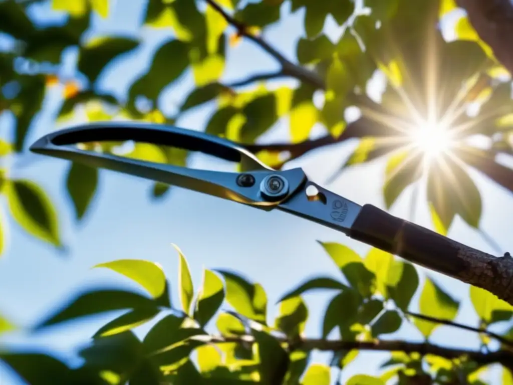 A stunning cinematic image of a tree pruning shears in action, with the sunlight highlighting the sleek and sharp blades