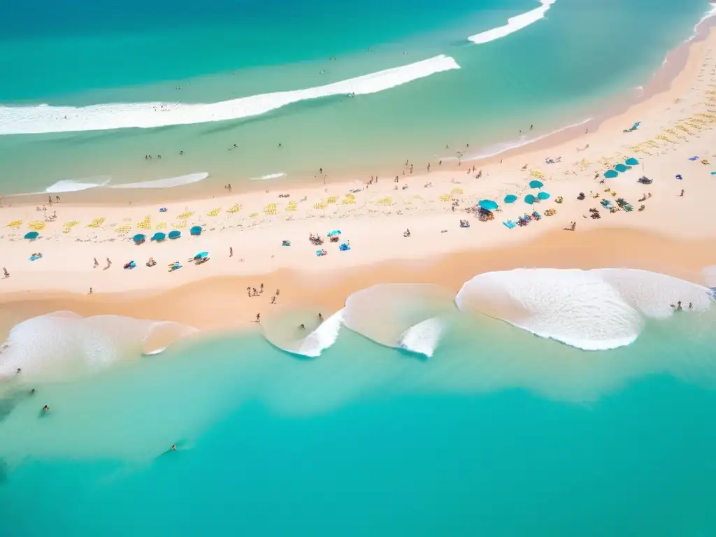 A stunning aerial view of a tropical beach with crystal clear water and bright blue skies