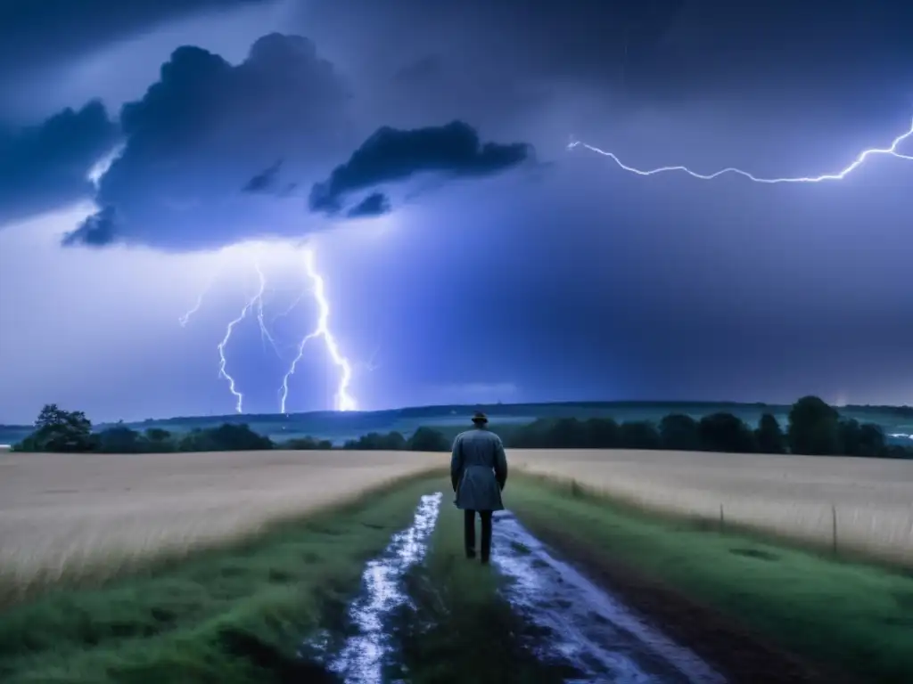 Amidst a stormy sky, a lone figure stands on a hill, watching the destruction of the landscape with a hardened expression