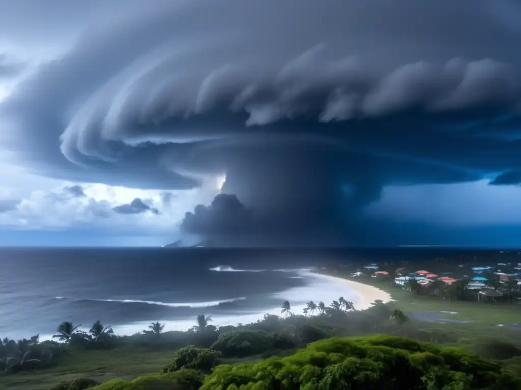 Tropical storm Santa Ana ravages a small island in the middle of the ocean, with a clear blue sky as the backdrop