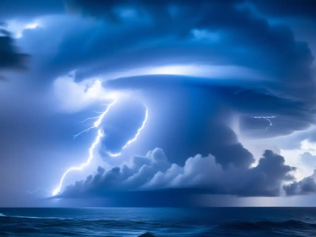 It's a breathtaking 8k-ultradetailed image of a tropical cyclone, with lightning striking the clouds and creating a dramatic effect